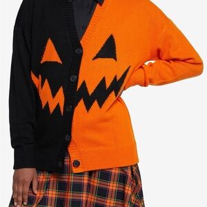 Hot Topic Orange & Black Pumpkin Halloween Cardigan